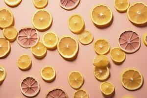 Uniform pattern of dried lemon slices with shadow on a pink background. Flat lay, generate ai photo