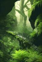fern canyon gorge in Oregon, stone stairway, overgrown lush plants, atmospheric, cinematic, highly detailed, ethereal environment, hyper-detailed architecture, octane rend, generate ai photo