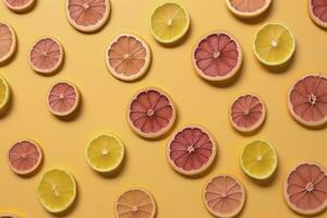 Uniform pattern of dried lemon slices with shadow on a pink background. Flat lay, generate ai photo