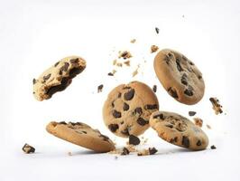 sabroso chocolate chip galletas que cae aislado en blanco fondo, generar ai foto