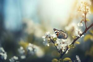 un mariposa sentado en flor y hoja, generar ai foto