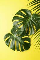 Beautiful tropical palm monstera leaves branch isolated on pastel yellow background, top view, flat lay, overhead above summer beauty blank design concept , generate ai photo
