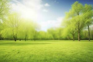 Beautiful blurred background image of spring nature with a neatly trimmed lawn surrounded by trees against a blue sky with clouds on a bright sunny day, generate ai photo