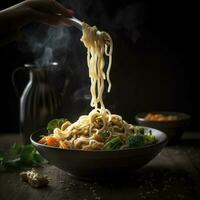 Udon stir fry noodles with chicken and vegetables on black background. hot wok with chicken steaming over plate, generate ai photo