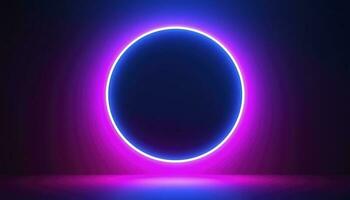 3d render, blue pink neon round frame, circle, ring shape, empty space, ultraviolet light, 80s retro style, fashion show stage, abstract background, generate ai photo