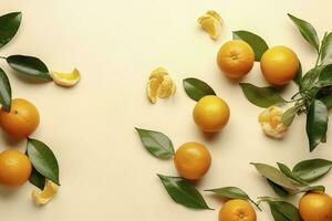 Whole orange yellow tangerines with green leaves on pastel beige background, copyspace. Citrus fruits mandarines as minimal food frame background, empty space, above view, generate ai photo