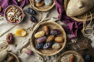 Eid al-Fitr holiday concept with sweet dried dates, fruits and decorations on bright background. Top view from above, generate ai photo