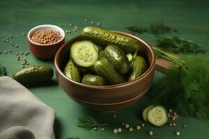 Bowl with tasty fermented cucumbers and ingredients on green background, generate ai photo