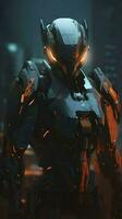 a robot armoured with orange and black lights, in the style of anime art, wlop, sharp lines, 8k resolution, the new fauves, exaggerated poses, generate ai photo