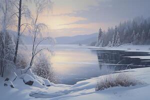 Beautiful winter landscape there are snow, spruce trees, mountain and lake in painting style. illustration photo