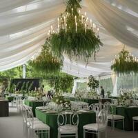 Outdoor summer wedding tent decorated with hanging fabric, greenery, and crystal chandeliers, wedding reception tables , generat ai photo