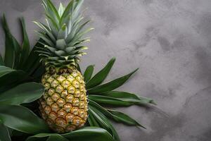 Fresh pineapple with tropical leaves on gray background. , generate ai photo