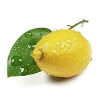 Citrus Lemon leaf with water drops isolated on white background, generate ai photo