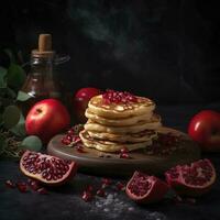 tasty gutabs hotcakes with meat and pomegranate, generate ai photo