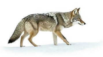 A lone coyote Canis latrans isolated on white background walking and hunting in the winter snow in Canada, generate ai photo