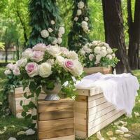 Beautiful romantic festive place made with wooden square and floral roses decorations for outside wedding ceremony in green park, , generat ai photo