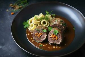 Traditional slow cooked German Wagyu beef roulades with gnocchetti sardi noodles in a spicy gravy as a top view on a Nordic design plate with copy space on the right, generate ai photo