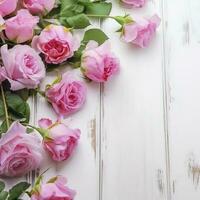 ramo de flores de hermosa rosado rosas en blanco de madera antecedentes , generar ai foto