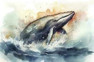 A whale breaching in a stormy ocean watercolor painting, beautiful natural forms, crisp clean shapes, colorful, white background, generate ai photo