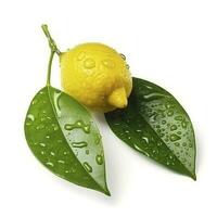 Citrus Lemon leaf with water drops isolated on white background, generate ai photo