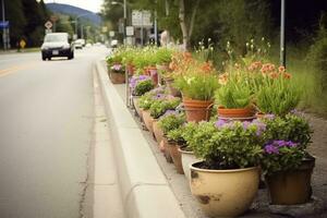 Flower pots on the side of the road, generate ai photo