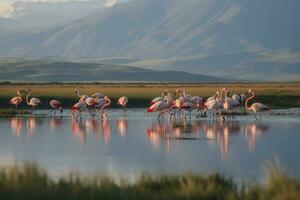 A group of flamingos wading through a lush wetland with mountains in the background, generate ai photo