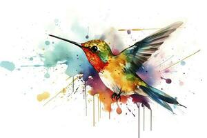 Create a beautiful painting of a hummingbird feeding on nectar watercolor painting, beautiful natural forms, crisp clean shapes, colorful, white background, generate ai photo