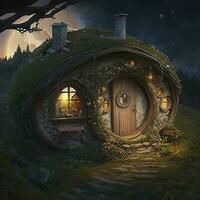 concepto Arte ilustración de hobbit casa, generar ai foto