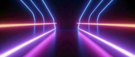 3d rendering, rounded pink blue neon lines, glowing in the dark. Abstract minimalist geometric background. Ultraviolet spectrum. Cyber space. Futuristic wallpaper, generate ai photo