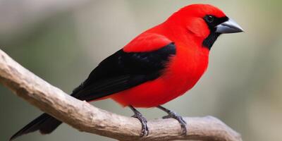 un rojo pájaro con un negro pico y rojo plumas ai generado foto