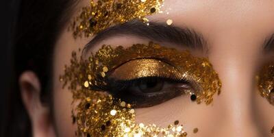 mujer con dorado Brillantina en su ojo ai generado foto