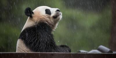 Panda sits in a rain photo