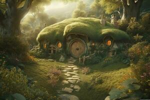 concepto Arte ilustración de hobbit casa, generar ai foto