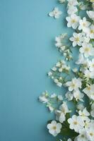 Beautiful spring border, blooming rose bush on a blue background. Flowering rose hips against the blue sky. Soft selective focus , generate ai photo