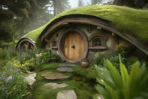 concepto Arte ilustración de hobbit casa, generar ai foto