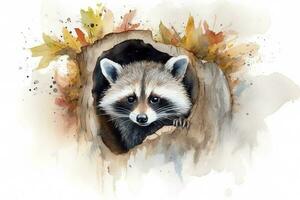 Paint a curious raccoon peeking out of a tree hollow watercolor painting, beautiful natural forms, crisp clean shapes, colorful, white background, generate ai photo