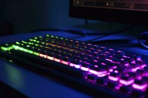 trabajando en un neón computadora teclado con de colores contraluz. computadora vídeo juegos, hackear, tecnología, Internet concepto. seleccionado enfocar, generar ai foto
