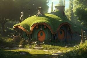 concepto Arte ilustración de hobbit casa, generar ai foto