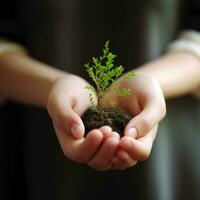 un niño participación un planta en su manos con un verde antecedentes y luz de sol brillante mediante el hojas en el planta, generar ai foto