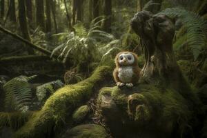 A man meets a giant mystical owl in the forest , generate ai photo