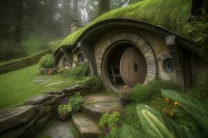 concepto Arte ilustración de hobbit casa, generar ai foto