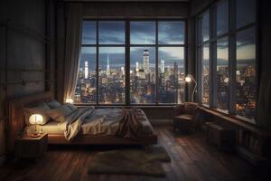 illustration of luxury penthouse bedroom at night photo