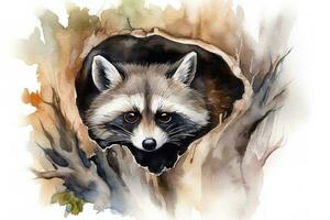 Paint a curious raccoon peeking out of a tree hollow watercolor painting, beautiful natural forms, crisp clean shapes, colorful, white background, generate ai photo