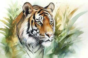 Paint a realistic portrait of a tiger in the jungle watercolor painting, beautiful natural forms, crisp clean shapes, colorful, white background, generate ai photo