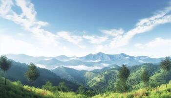 World environment day concept, Green mountains and beautiful blue sky clouds photo