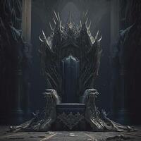 illustration of the hell throne hall with a throne, idea for scary background backdrop, fantasy throne, majestic throne room decorated, photo