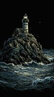 Lighthouse on a rock in stormy weather, generate ai photo