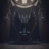 illustration of the hell throne hall with a throne, idea for scary background backdrop, fantasy throne, majestic throne room decorated, photo