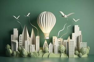 Paper cut of light bulb with green eco city , Renewable energy by 2050 Carbon neutral energy or greenhouse gas emission CO2 , Save energy creative idea concept , photo