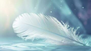 a bright blue background with one white feather, in the style of soft and dreamy pastels, glimmering light effects, nature inspired imagery, fairycore, soft focal points, generate ai photo